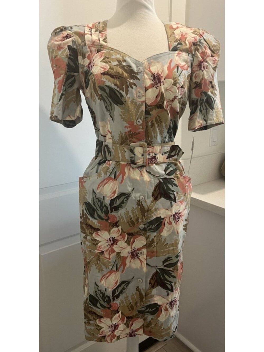 Vtg 80s Carol Anderson Floral Pencil Dress NWT Belted Cottagecore Puff Sleeves